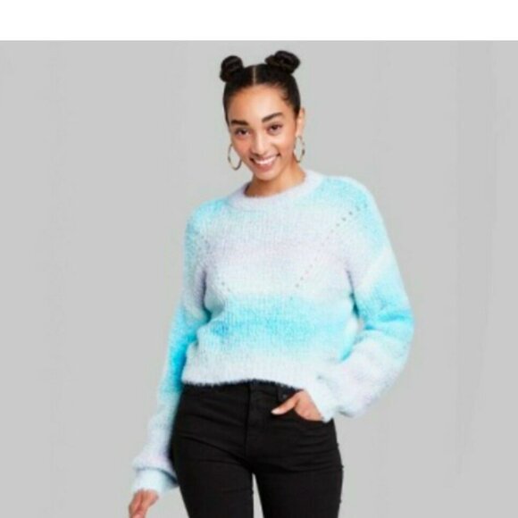 Wild Fable Sweater Spacedye Blue Crewneck Pullover Fuzzy Cropped Womens - Picture 1 of 8